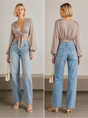 NBD Imogen Champagne Satin Tie Front Crop Top Blouse Small